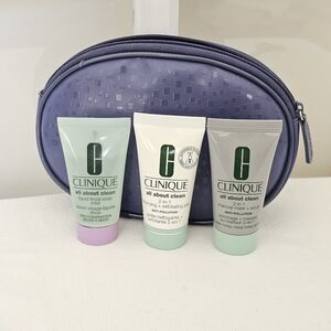 Clinique Cosmetic Bag and 3 Pc All About Clean Trio Kit Travel Sizes